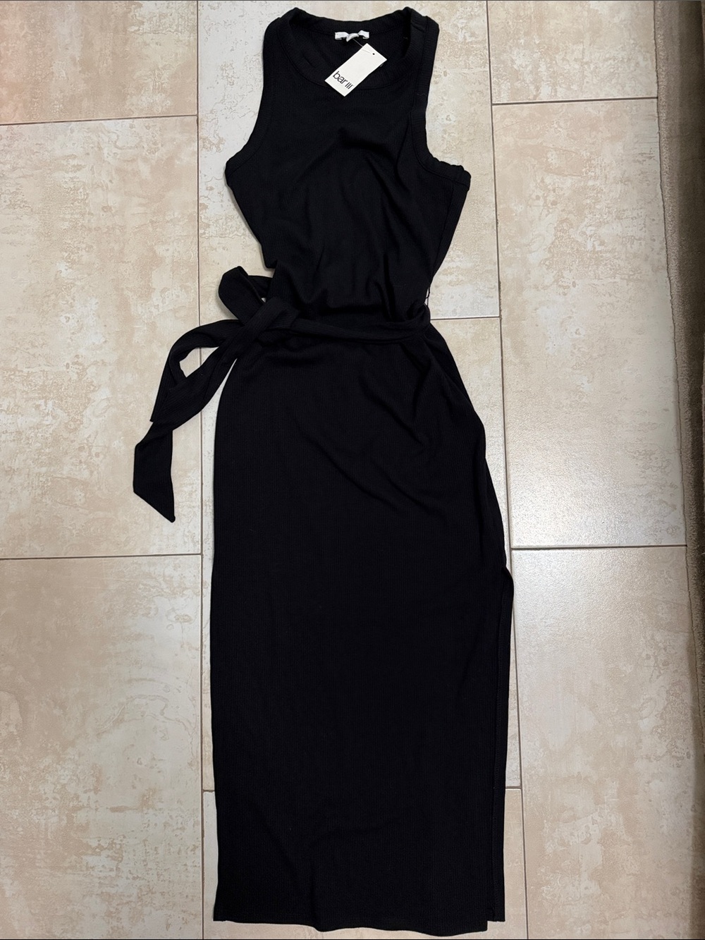 Bar III Black Ribbed Stretch Sleeveless Tie-Waist Midi Dress